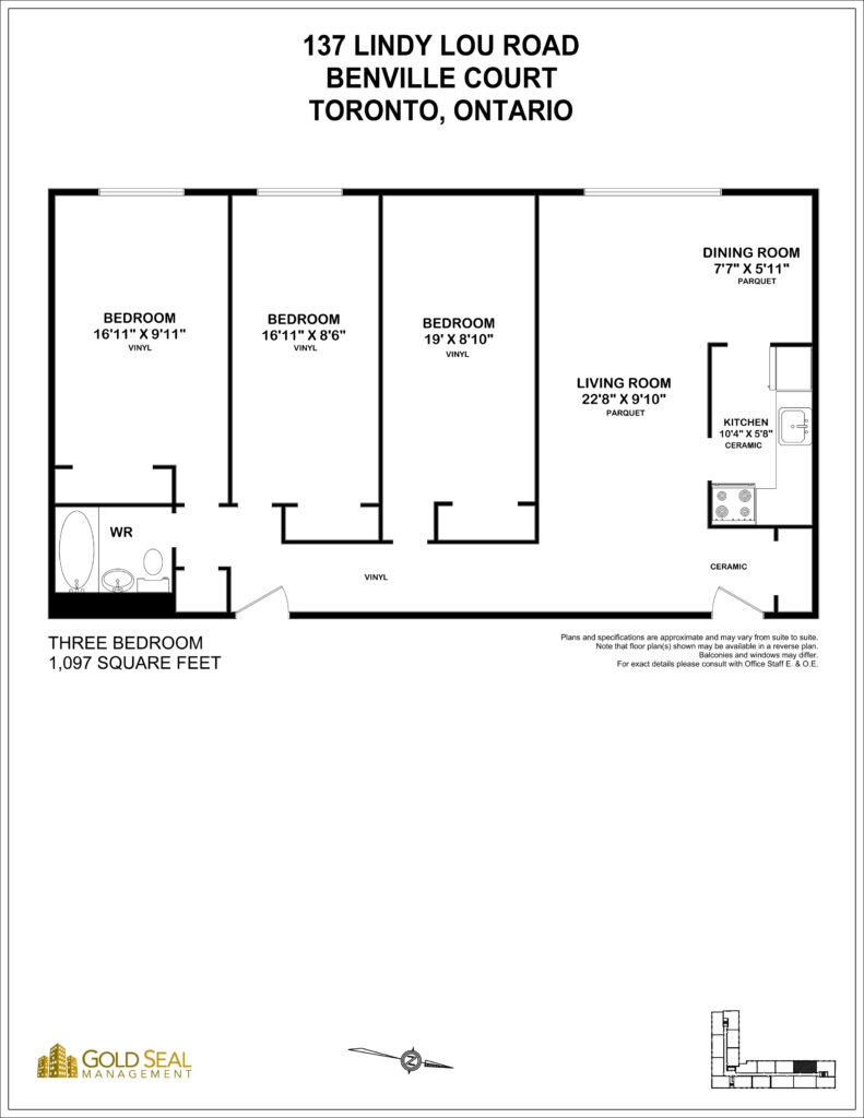 3-bedroom floor plan at Benville Court Apartments, North York, Toronto