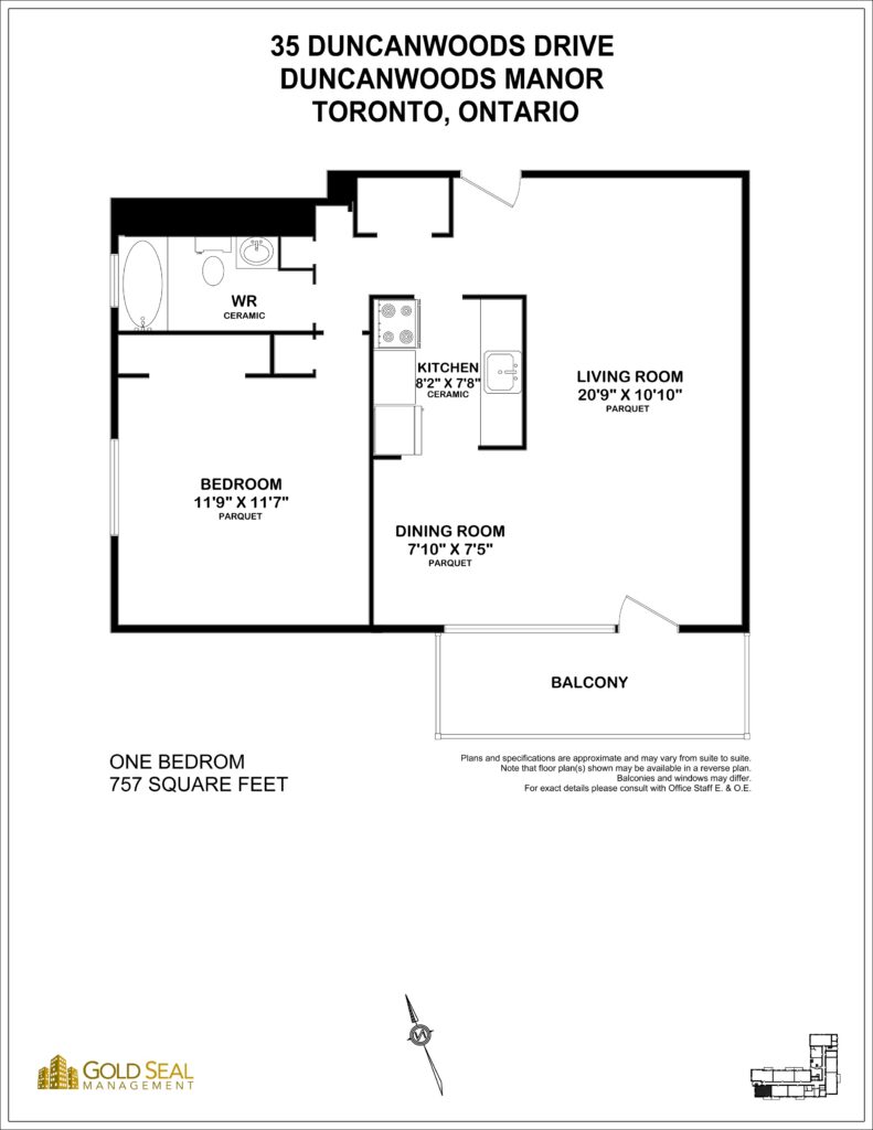 1-bedroom floor plan at Duncanwoods Manor, North York, Toronto