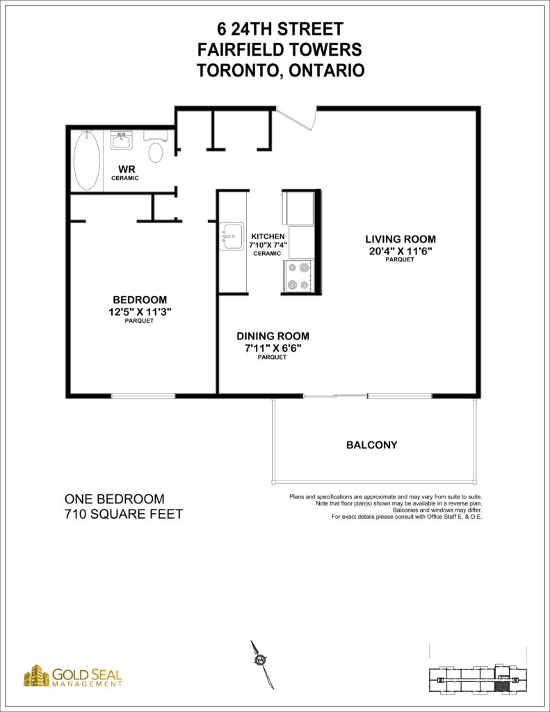 1-bedroom floor plan at Fairfield Towers, Etobicoke, Toronto