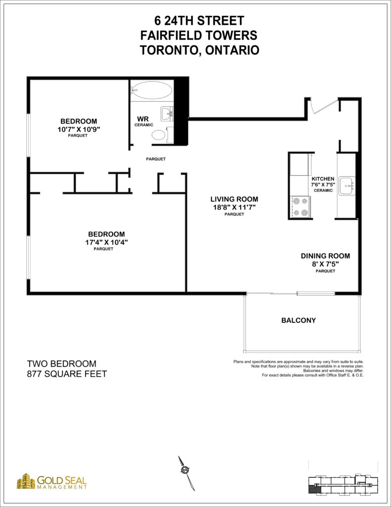 2-bedroom floor plan at Fairfield Towers, Etobicoke, Toronto