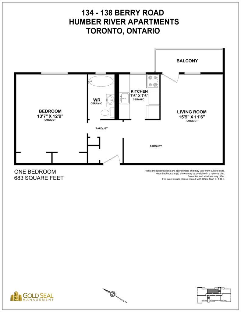 1-bedroom floor plan at Humber River Apartments, Etobicoke, Toronto