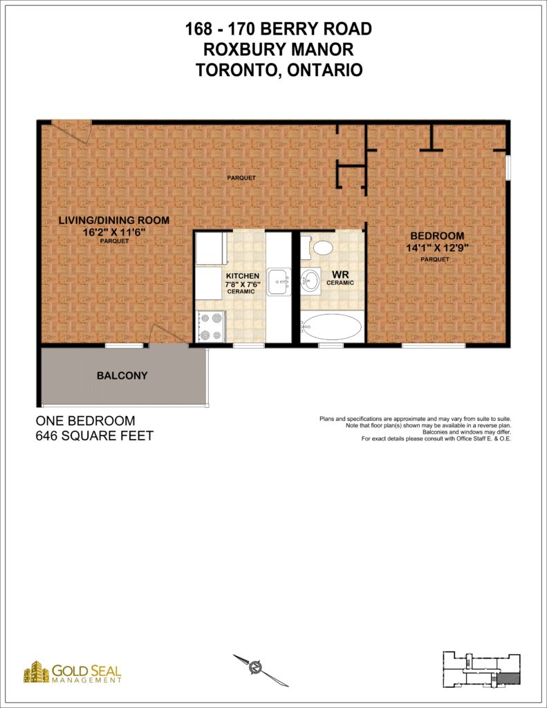1-bedroom floor plan at Roxbury Manor, Etobicoke, Toronto