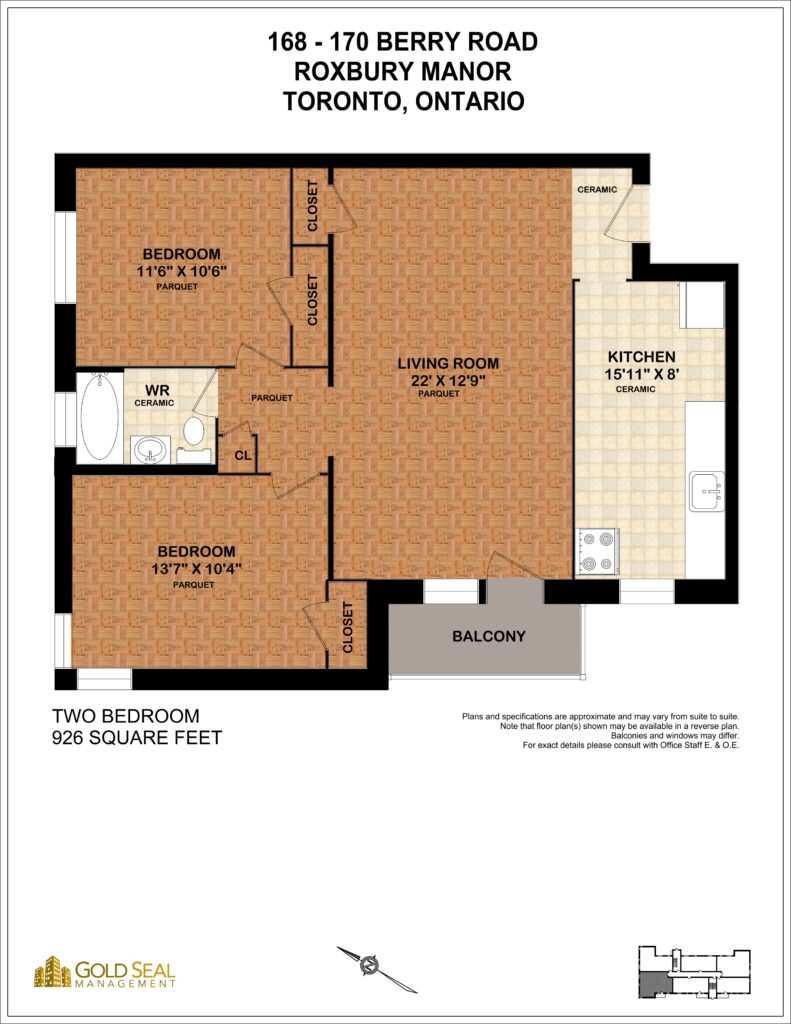 2-bedroom floor plan at Roxbury Manor, Etobicoke, Toronto